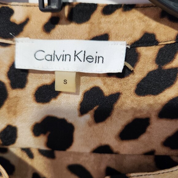 Calvin Klein Women's Brown Leopard Print Long Sleeve Roll -Tab Blouse Top -Small - Picture 2 of 9